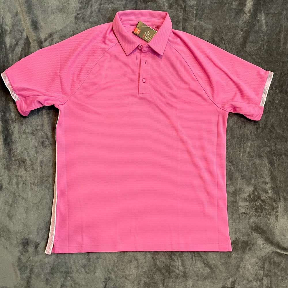 Men’s Under Armour Heat Gear Pink Short Sleeve Polo Shirt. Large. Loose Fit. NWT
